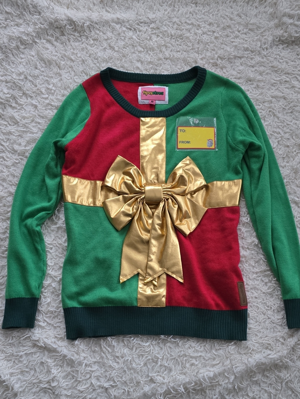 Tipsy Elves Red & Green Crewneck Sweater with Gold Bow